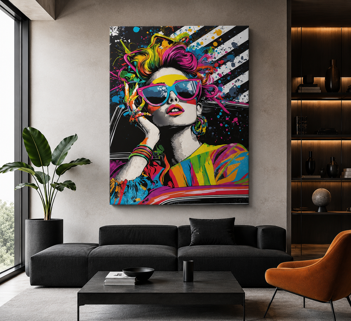 Chromatic Drive colourful pop-art canvas print hanging above a black sofa in a modern living room