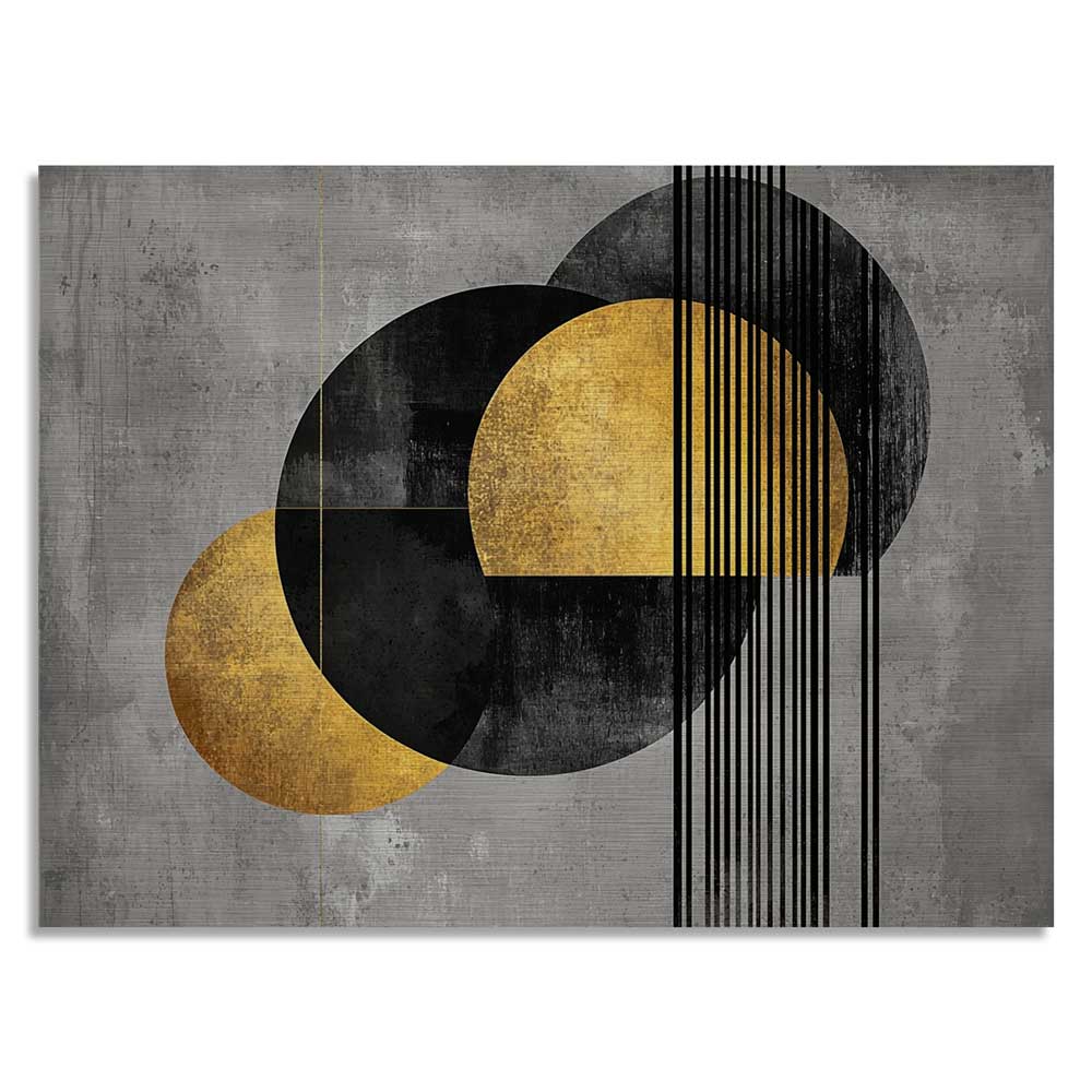 Modern artwork with circles and vertical lines in gold and black tones