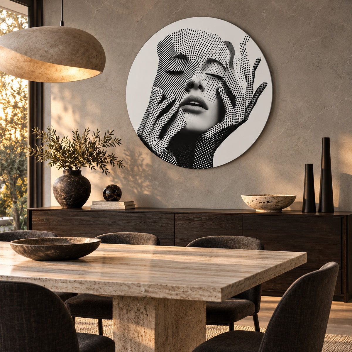 Round aluminium portrait print displayed in a modern dining room