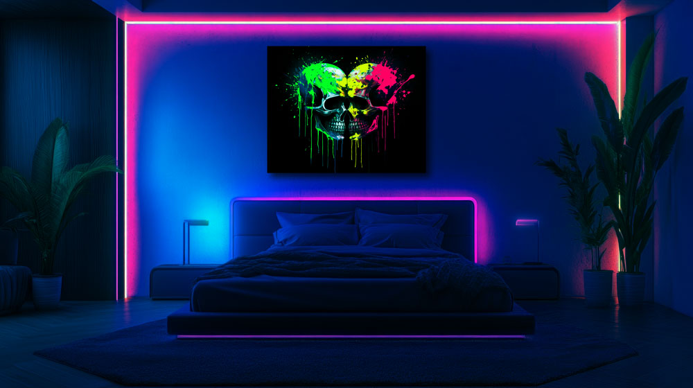 Fluorescent canvas print hanging above bed, glowing under UV lighting