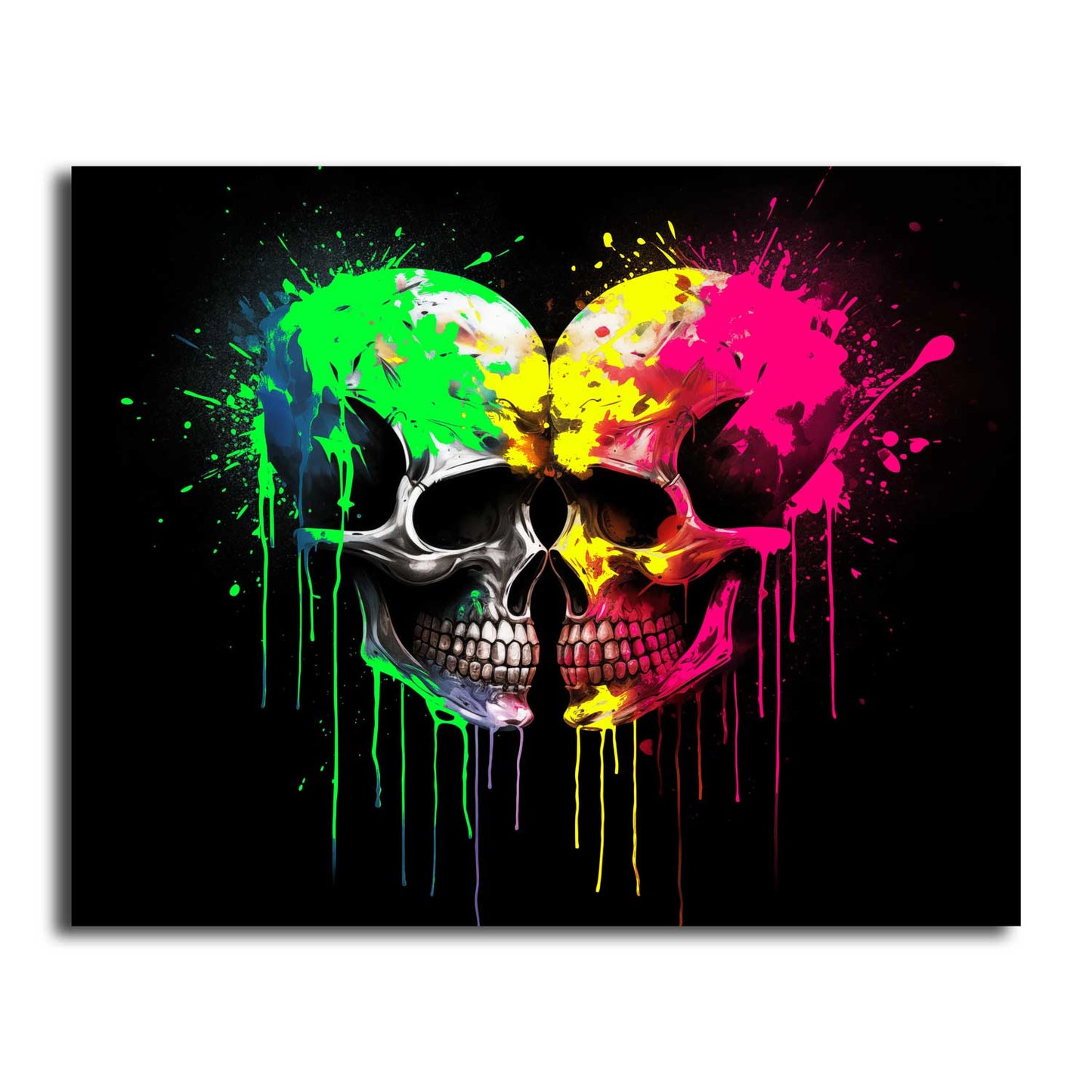 “Neon Skull” fluorescent canvas print with vivid neon colors on black background