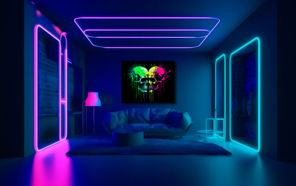 Neon skull painting glowing in high-tech room with LED lighting