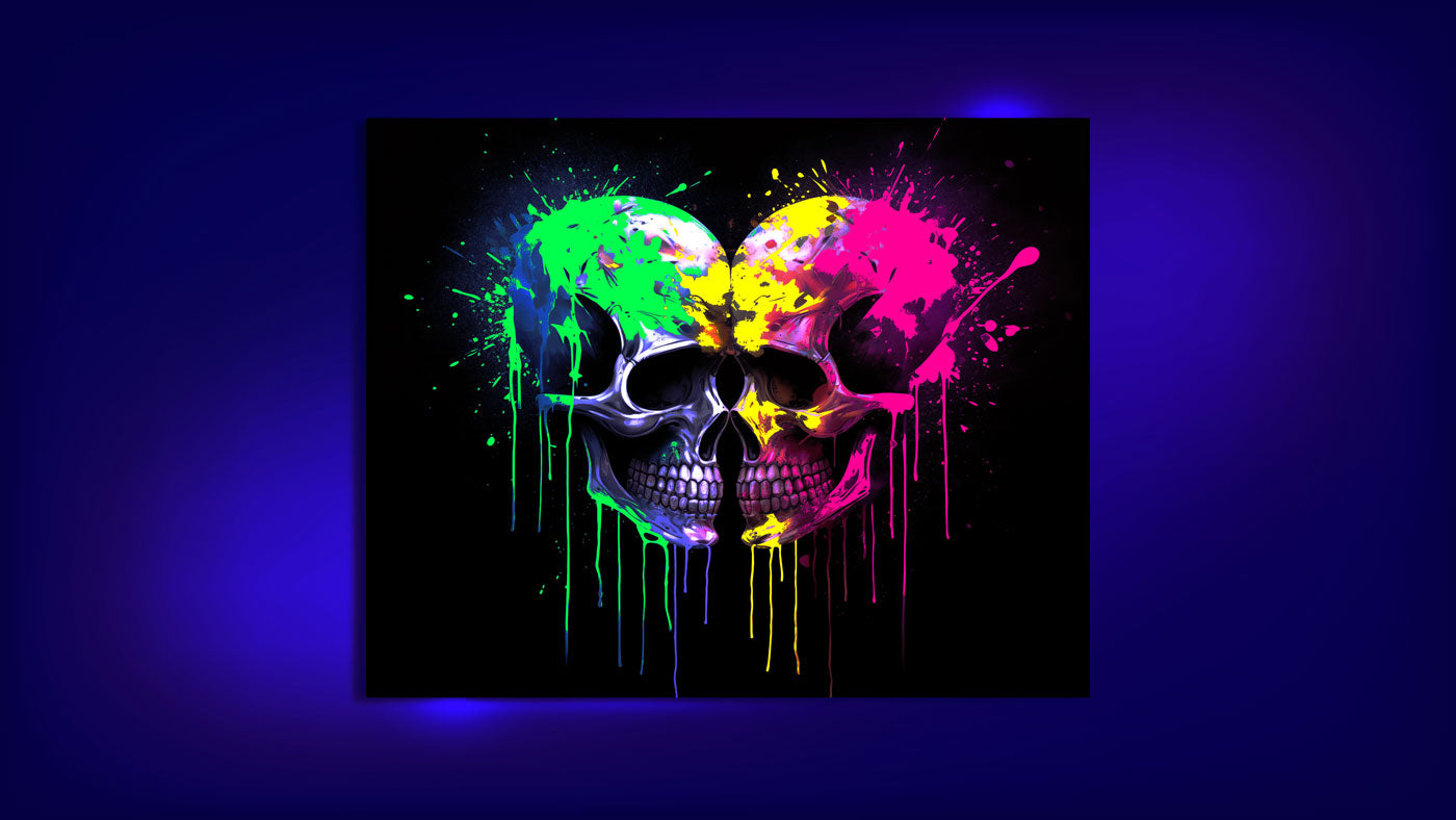 “Neon Skull” canvas glowing in blue-lit space, activated by UV light
