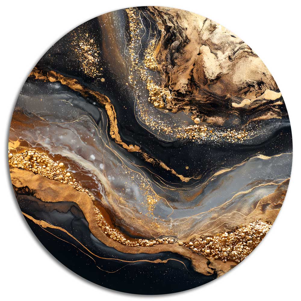 Round aluminium wall art “Golden Flow” with glossy golden accents