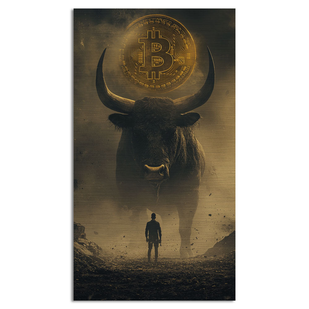 Bitcoin Bull aluminum wall art with golden Bitcoin symbol, powerful crypto artwork