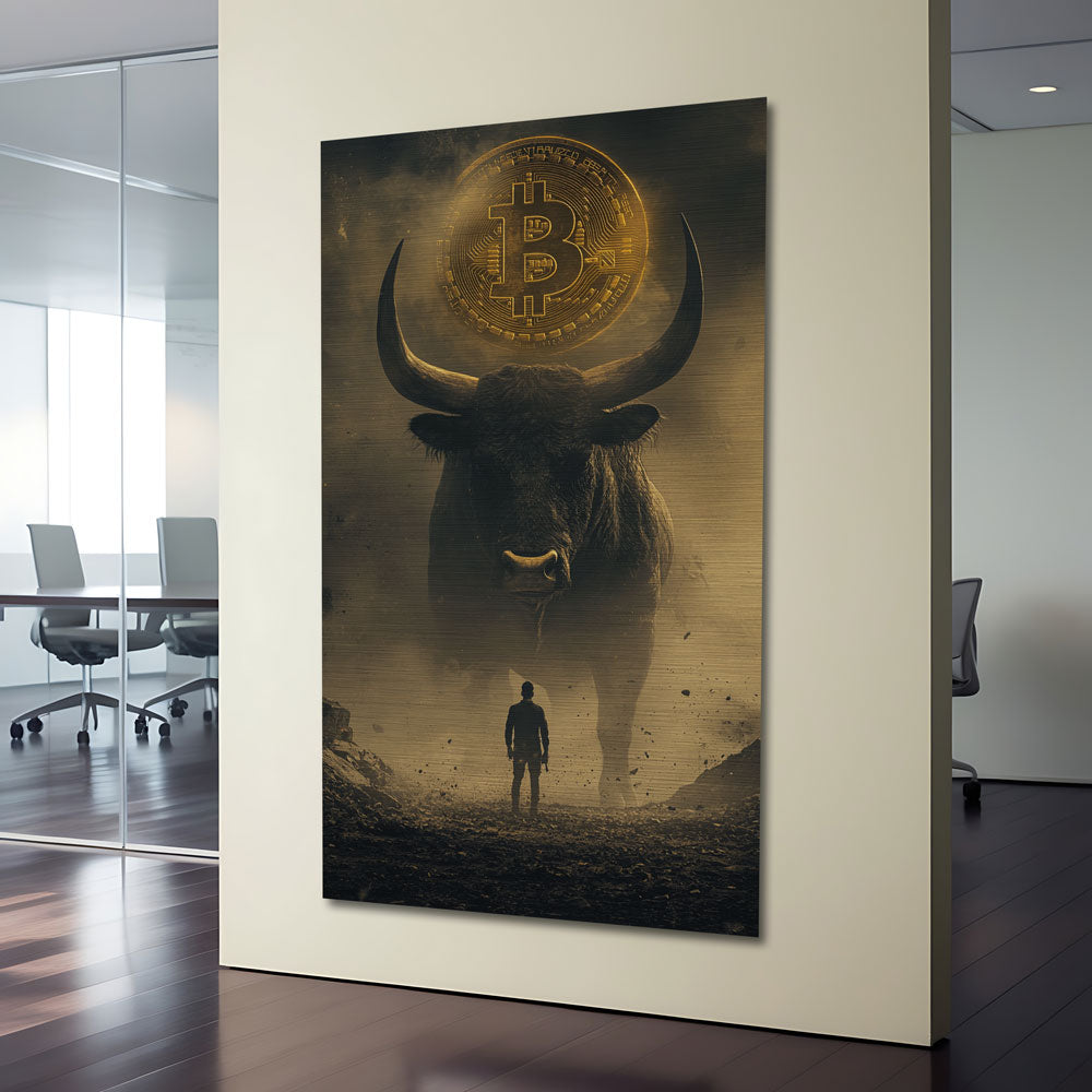 Bitcoin Bull aluminum wall art hanging in modern office interior, crypto decor