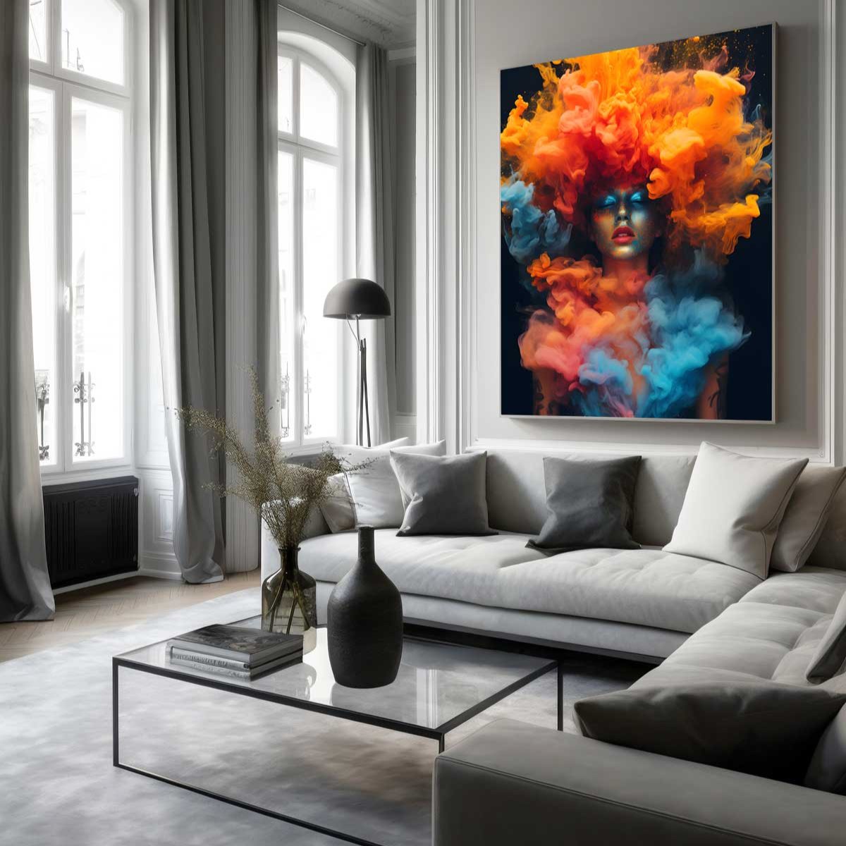 modernus interjeras spalvotas paveikslas akcentas namu detales orange blue women art print drobe canvas