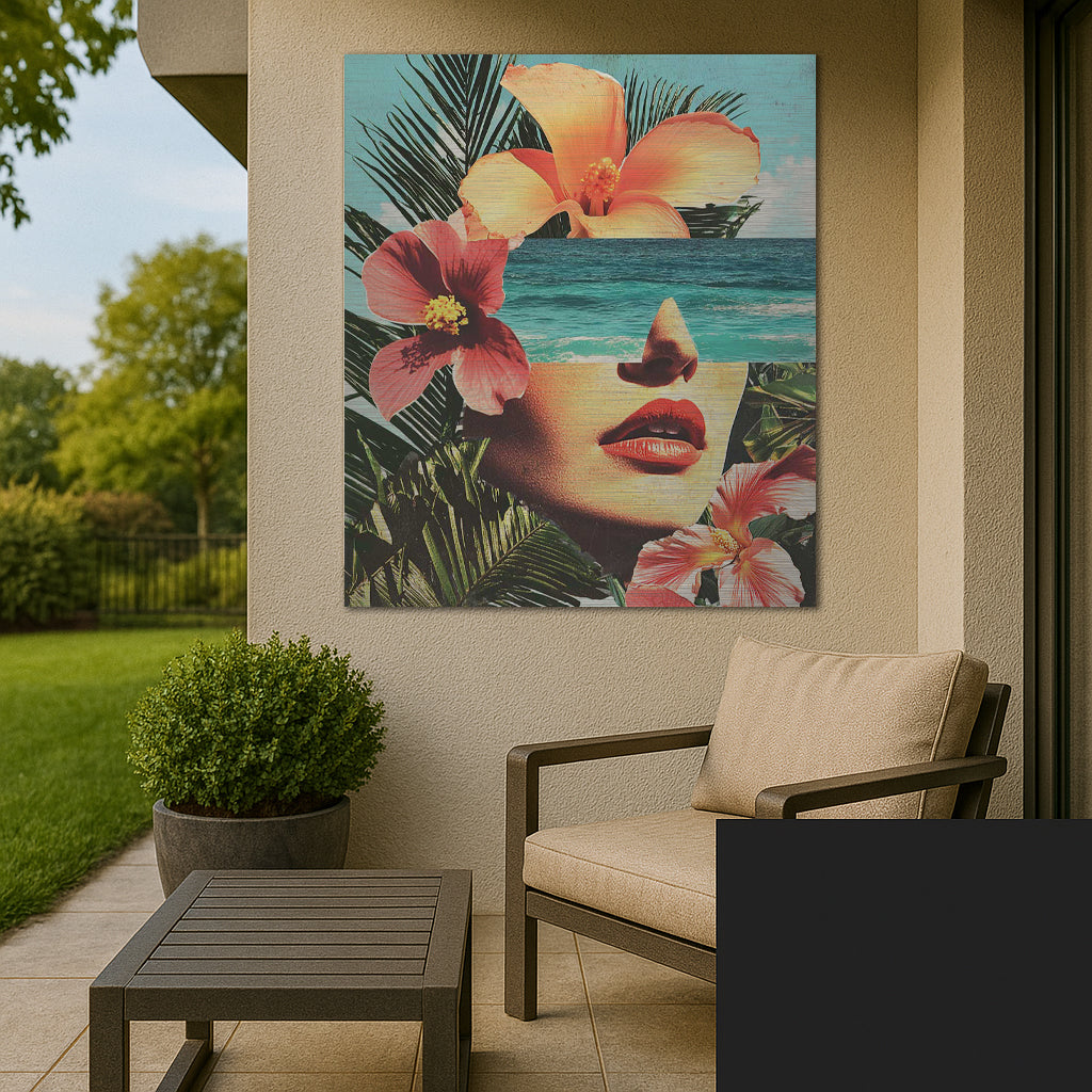 Colorful tropical face artwork with ocean and flowers in outdoor setting