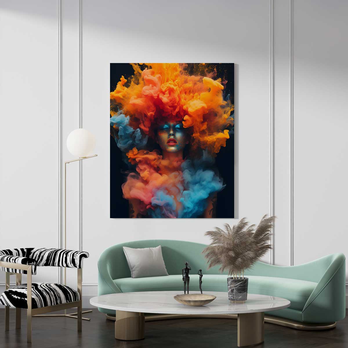 ornange blue women smoke art decor print canves drobe namai decoras