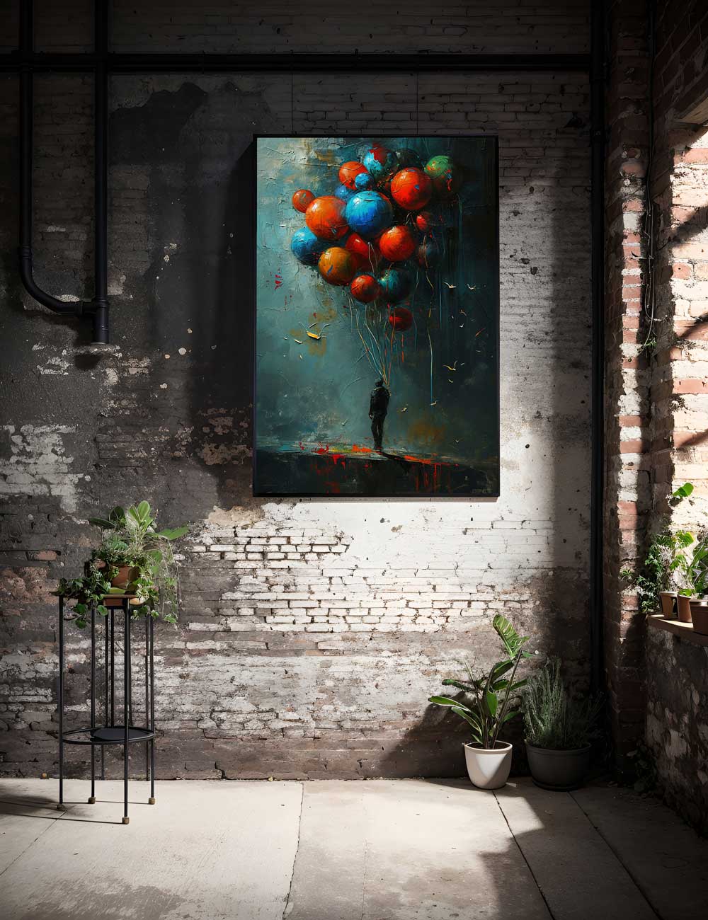 Lone figure with colorful balloons on canvas