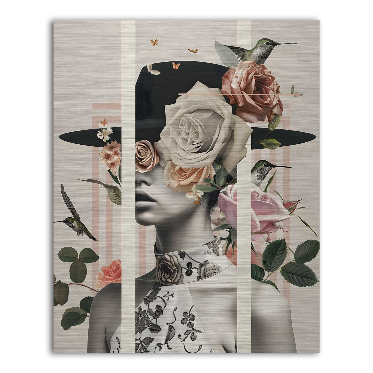 Minimalist female portrait with hat and flowers – modern wall art with collage style