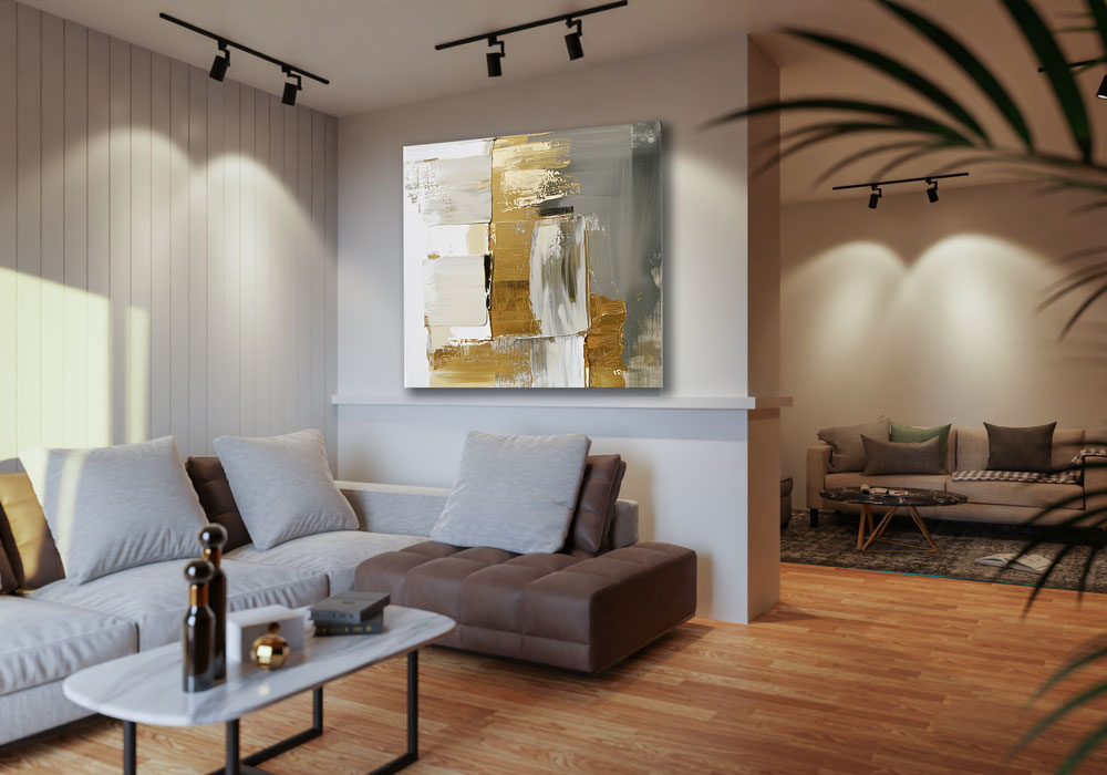 Modern interior with square canvas painting in gold, white, and grey tones