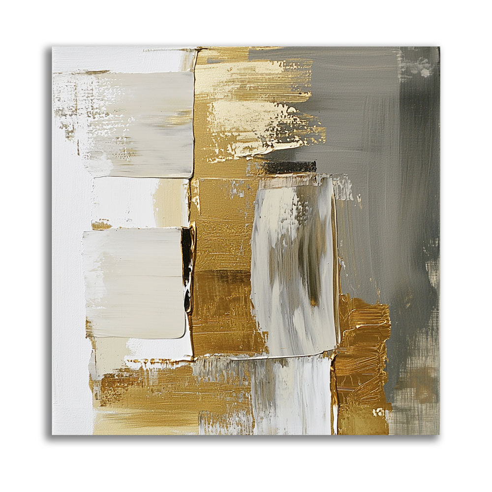 Square canvas painting with gold, white, and grey abstract shapes and lacquered accents