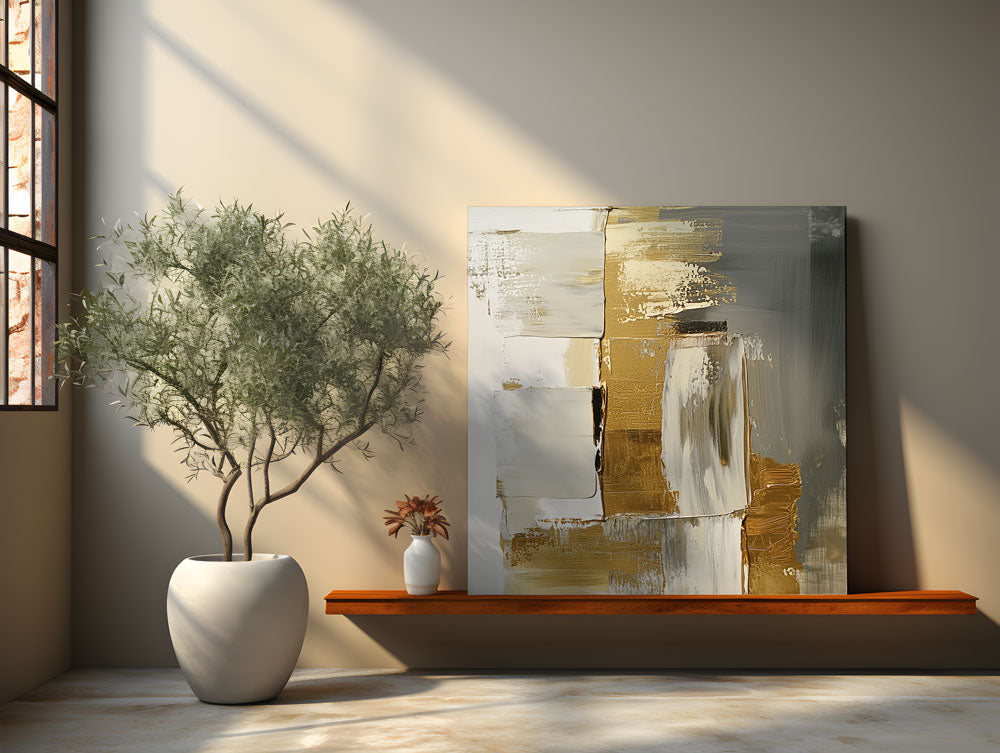 Canvas wall art with gold and white blocks above wooden bench and plant