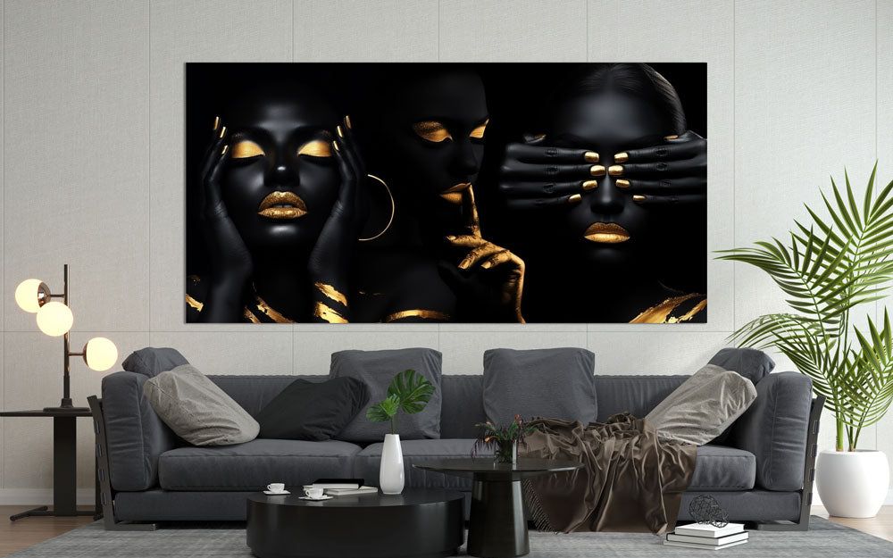 Horizontal painting above a sofa in a modern interior