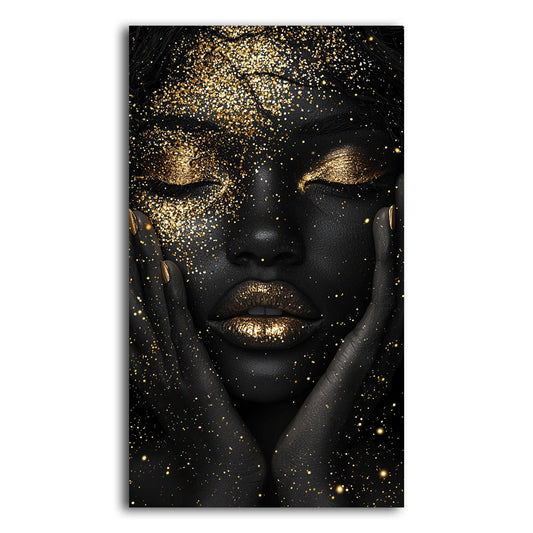 Canvas portrait of black woman with gold lacquered face and lips – Golden Dream