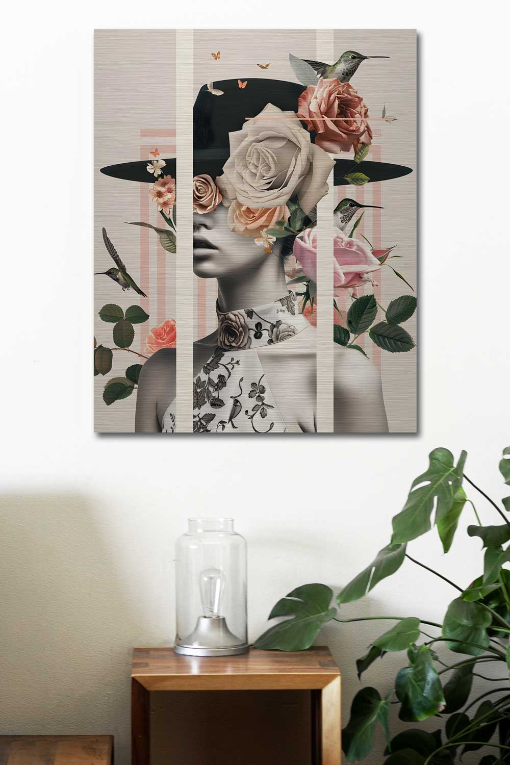 Floral female portrait with hat on bright interior wall