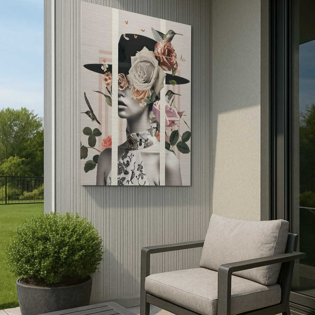 Light-toned collage artwork with woman and flowers on outdoor wall