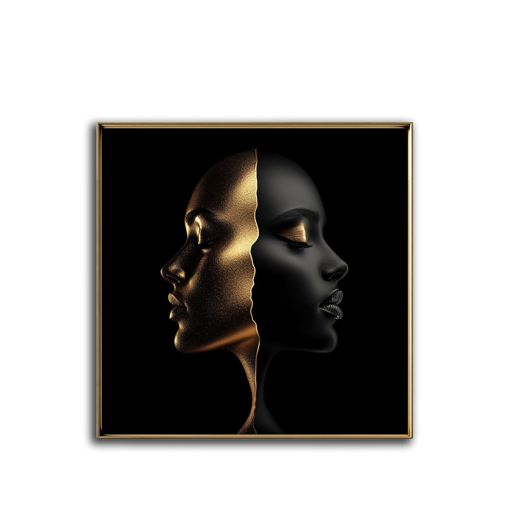 Framed black and gold dual face portrait on metal – elegant wall decor