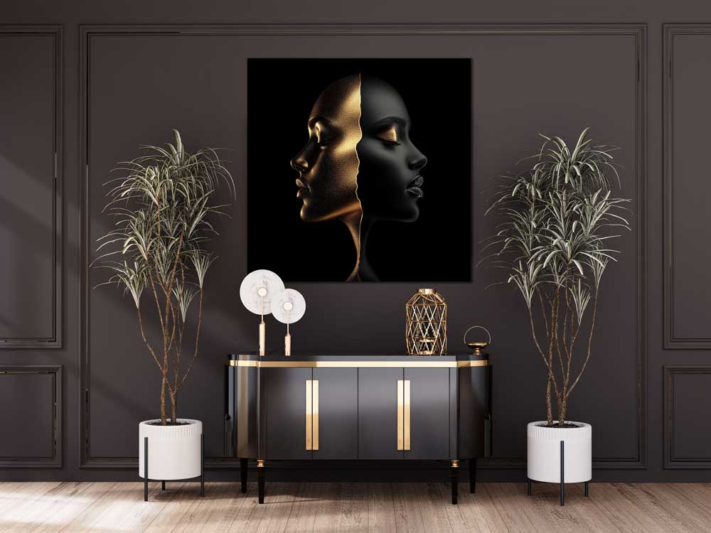 Luxury dual face artwork on metal above console in dark interior