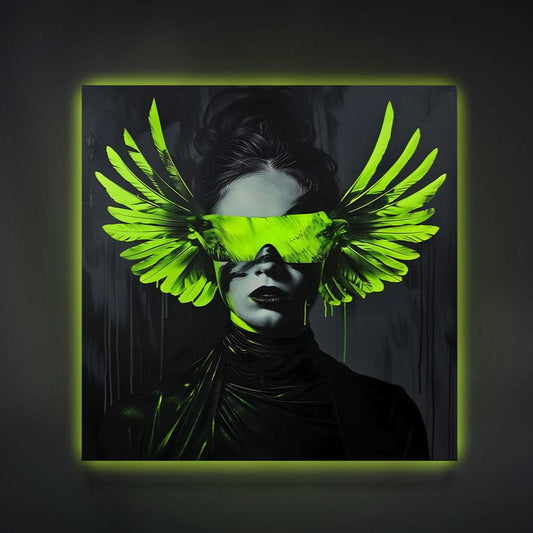 dark background wall art modern neon print glow in the dark woman parrot green neon glasses wings
