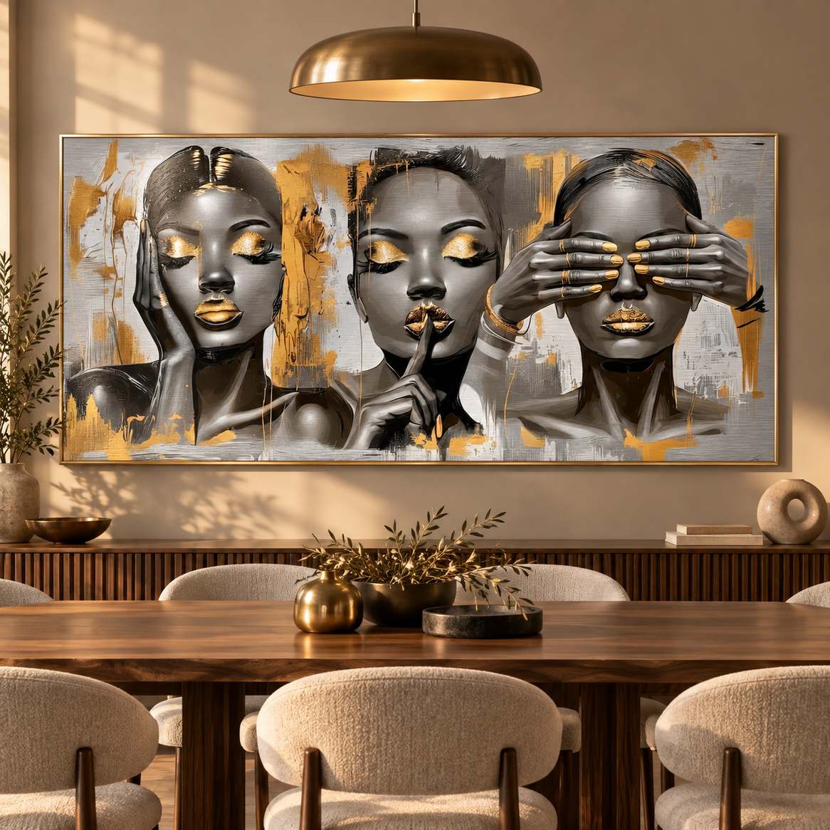Gold-framed metal print of three female portraits with gold accents displayed above a dining table beneath a pendant light