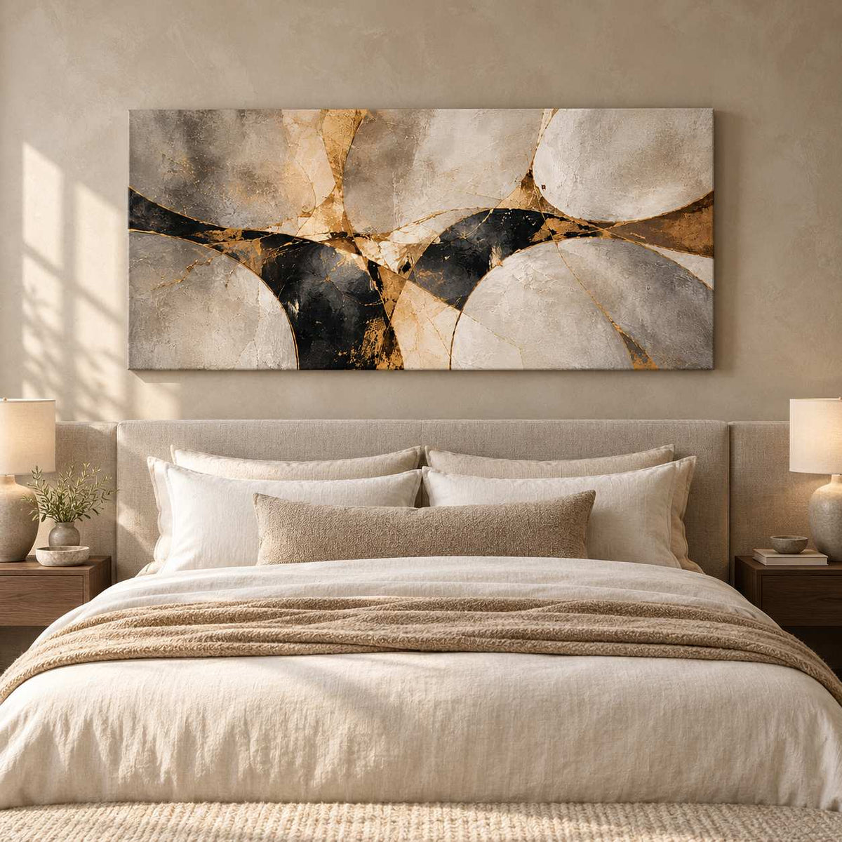 Abstract stone and gold canvas print displayed above a bed in a warm neutral bedroom