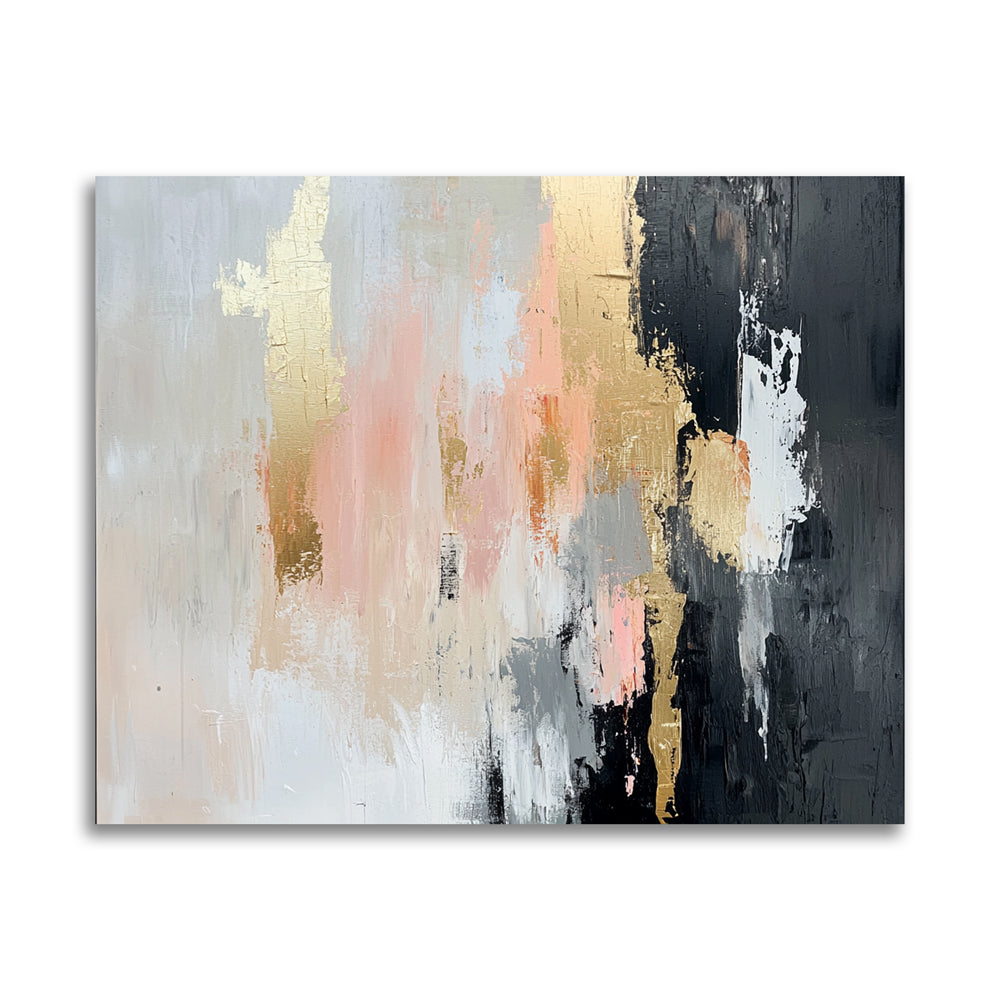 Abstract canvas painting with soft pink, grey, and gold lacquered highlights