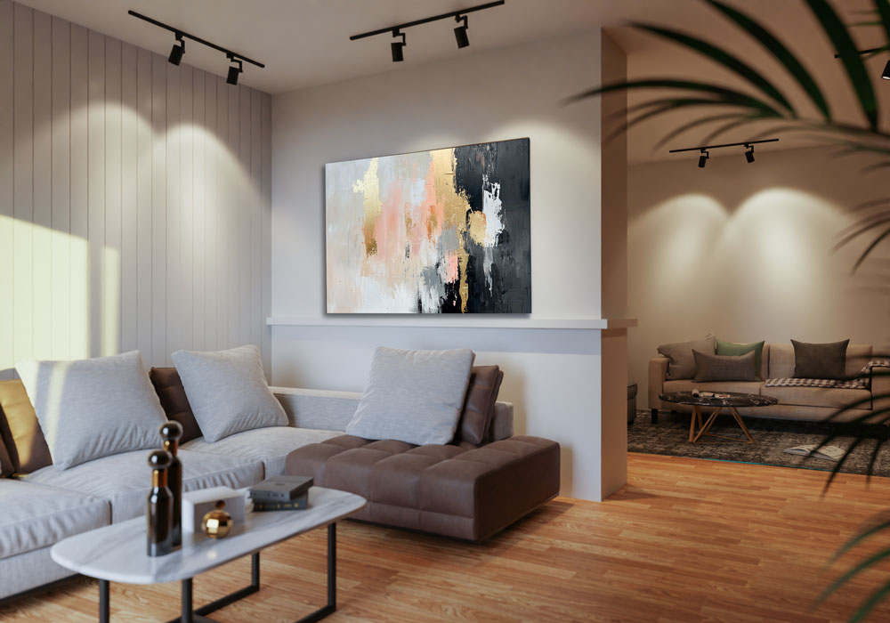 Modern space with canvas artwork in pastel pink and gold tones
