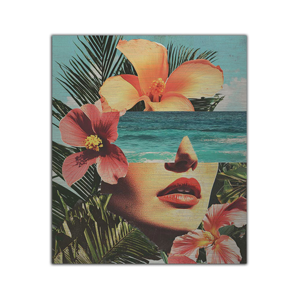 Tropical female portrait with ocean and flower collage – colorful modern wall art