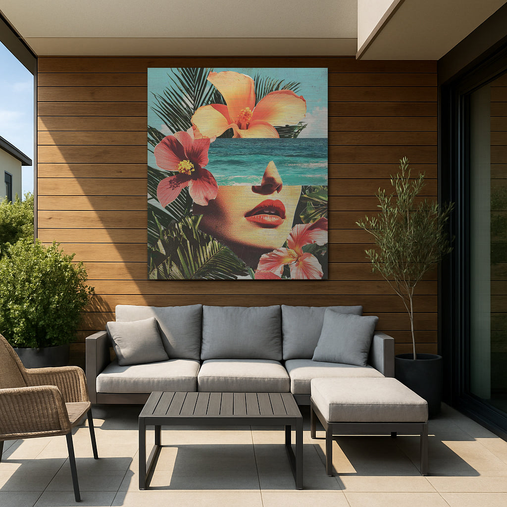 Tropical female portrait on metal displayed on outdoor patio wall