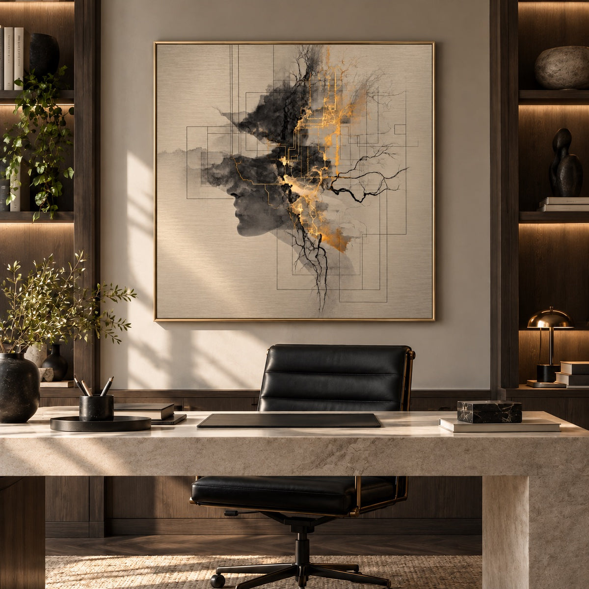 Aluminium print of an abstract silhouette profile with gold circuit-line details displayed above a desk in an office