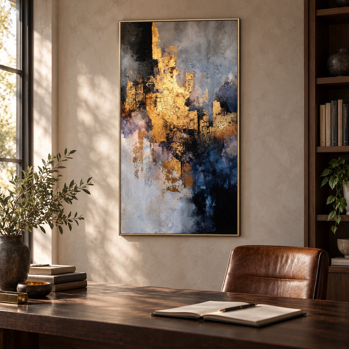 Aluminium print of an abstract gold-leaf and navy composition displayed above a desk in an office