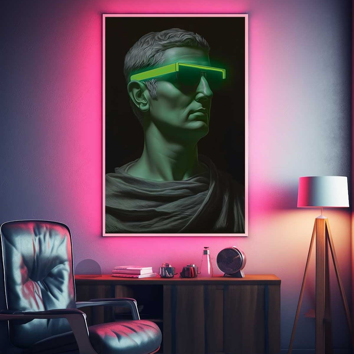 Glow in the dark art night wall art glowing uv light source man glasses neon sunglasses club wall art