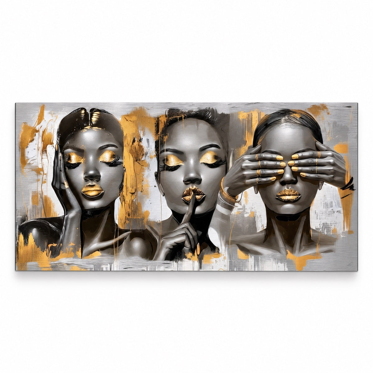 Brushed silver metal print of three female portraits in hear-no-evil, speak-no-evil, see-no-evil poses with gold-lacquered lips, nails, and eye accents, shown on white, Aluminium + Varnish