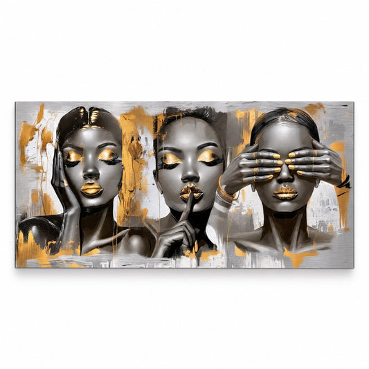 Brushed silver metal print of three female portraits in hear-no-evil, speak-no-evil, see-no-evil poses with gold-lacquered lips, nails, and eye accents, shown on white, Aluminium + Varnish