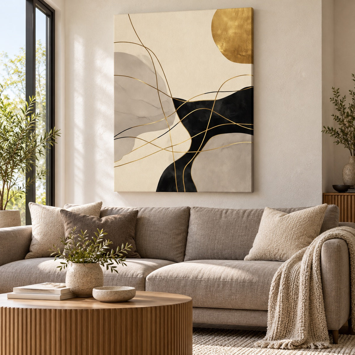 Canvas print with gold-toned varnish line details displayed above a sofa in a living room