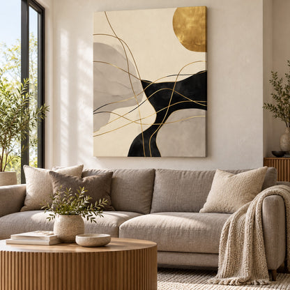 Canvas print with gold-toned varnish line details displayed above a sofa in a living room