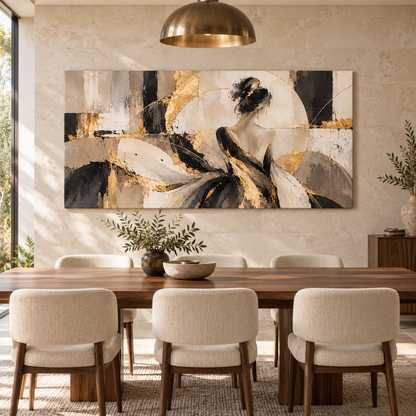 Canvas print of a woman in a gold-accent dress displayed above a dining table beneath a brass pendant light