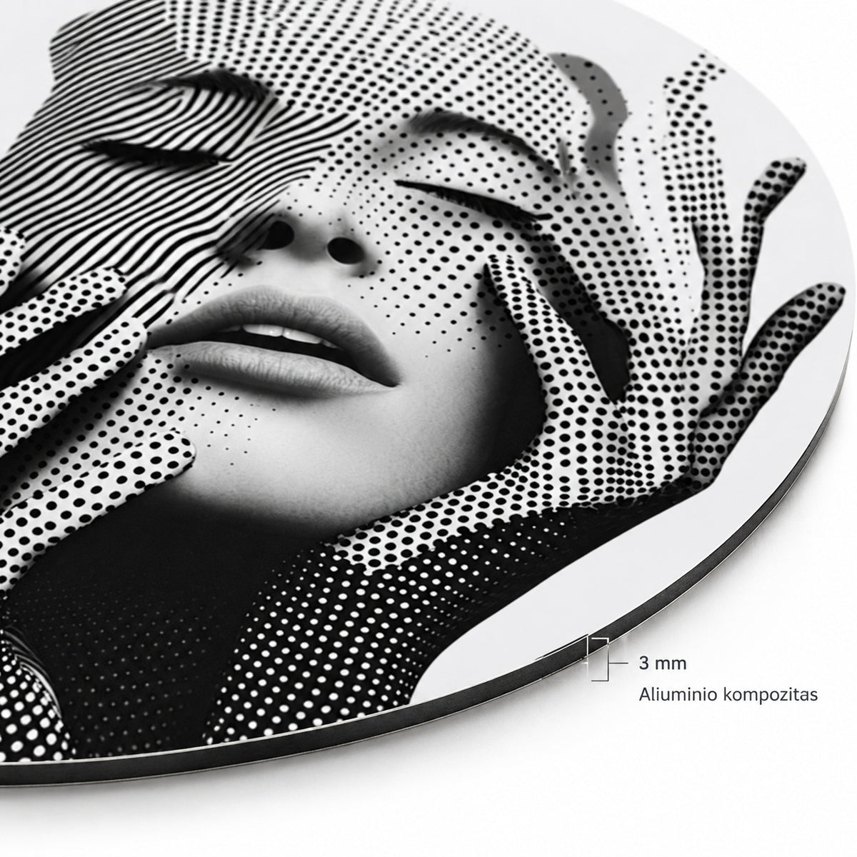 Close-up of the 3 mm aluminium composite panel edge on the round portrait print
