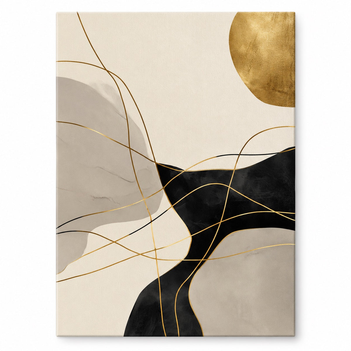 Canvas print of an abstract composition with a gold circle, gold wavy lines, and black organic forms on cream, shown on white, Canvas + Varnish