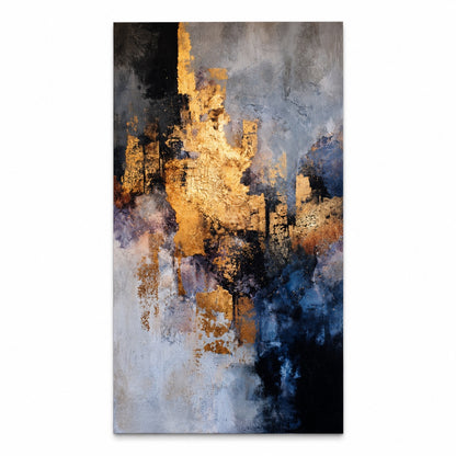 Aluminium print of an abstract kintsugi-inspired composition with cracked gold-leaf texture on deep navy and black, shown on white, Aluminium + Varnish