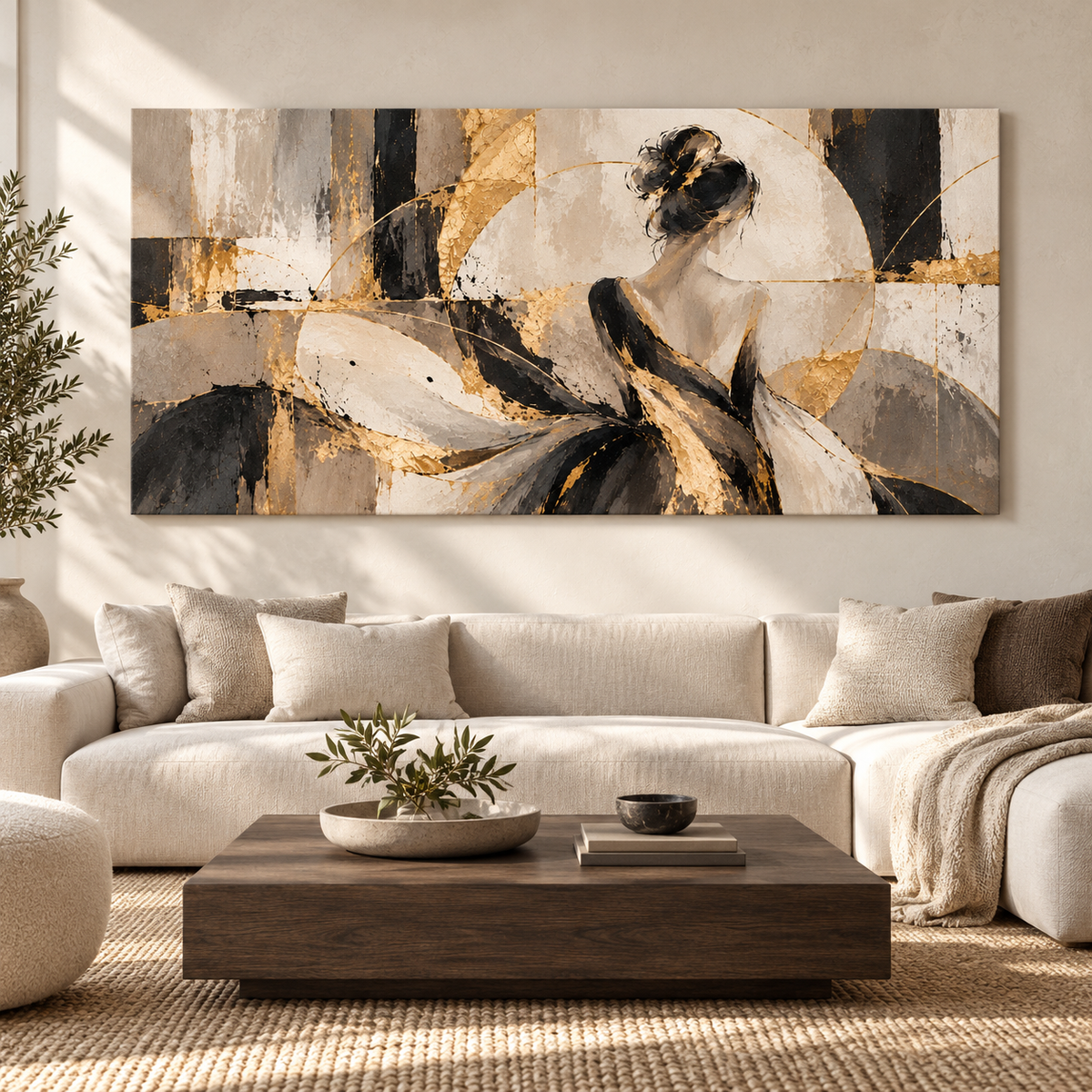 Canvas print of a woman in a gold-accent dress displayed above a sectional sofa in a neutral living room