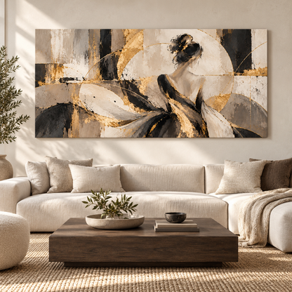 Canvas print of a woman in a gold-accent dress displayed above a sectional sofa in a neutral living room