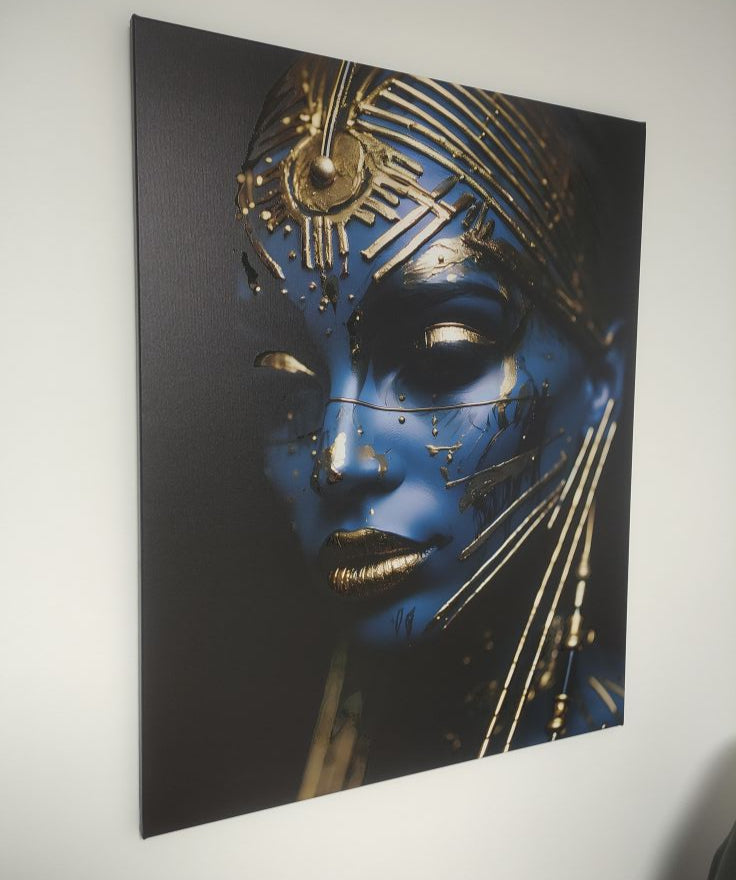 Artistic depiction of a face with blue makeup and gold accents on a dark background