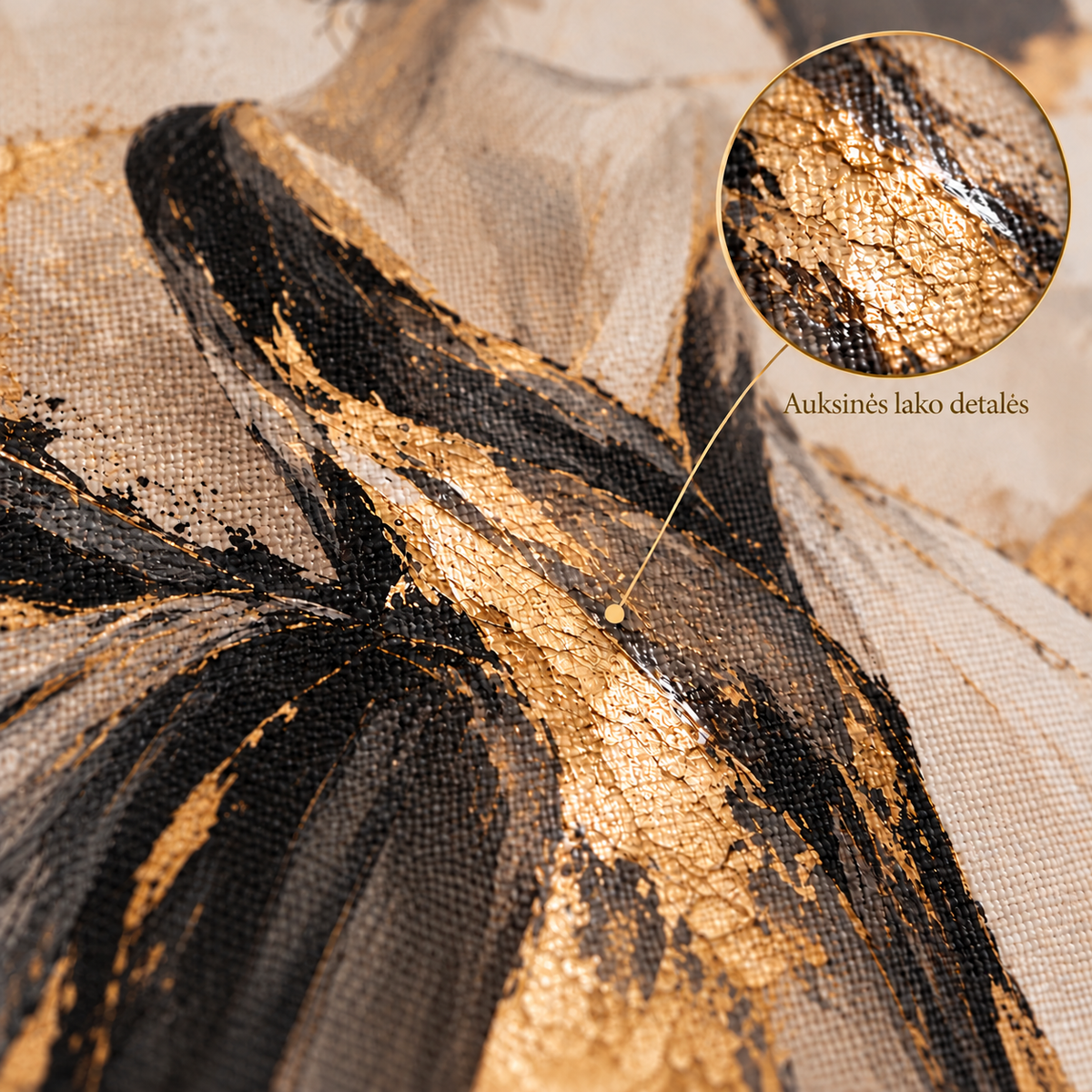 Close-up of gold-toned lacquer details on the dress coated with glossy varnish on the canvas surface