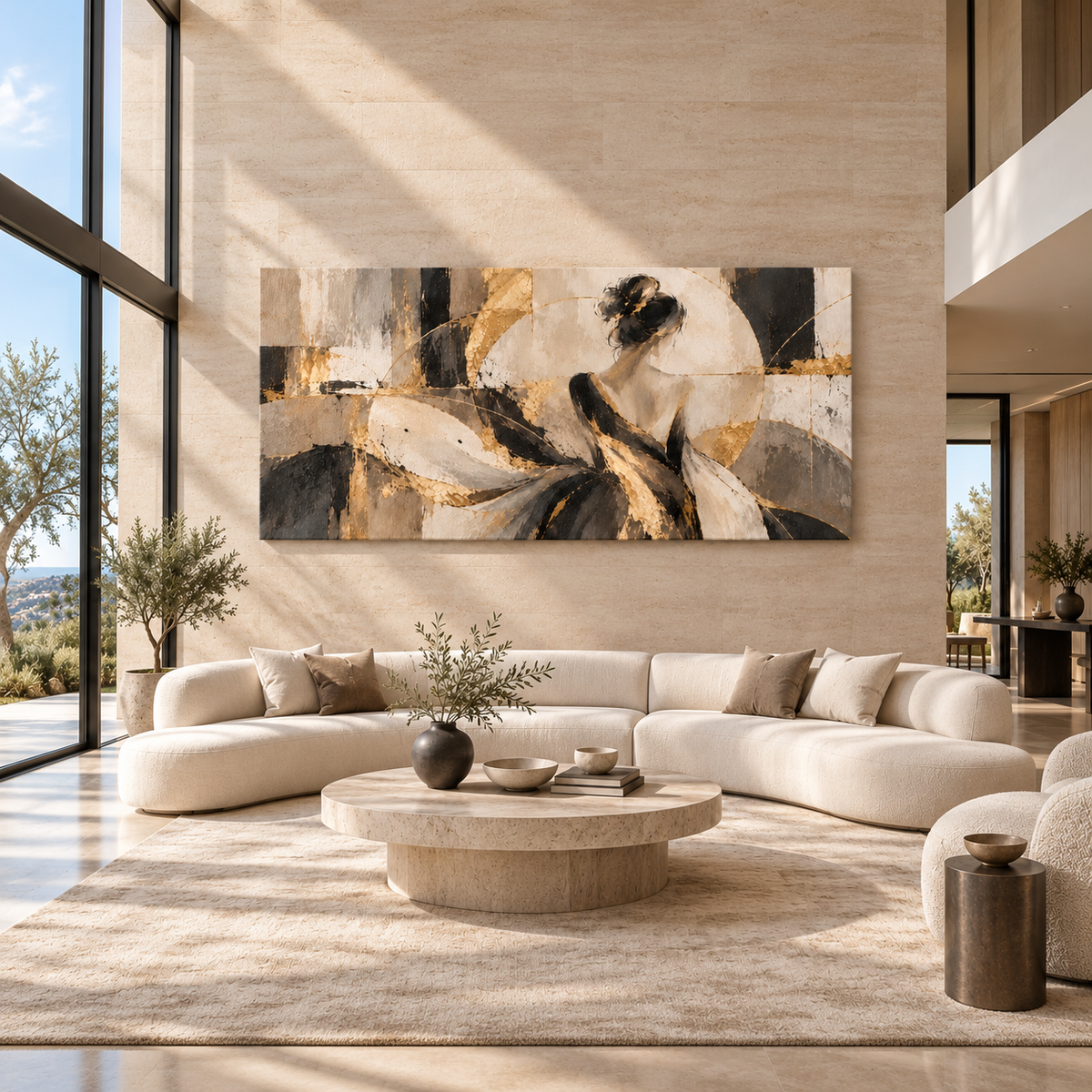 Canvas print of a woman in a gold-accent dress displayed above a sofa in a sunlit living room