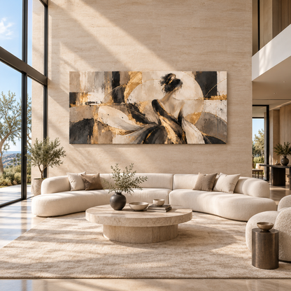 Canvas print of a woman in a gold-accent dress displayed above a sofa in a sunlit living room