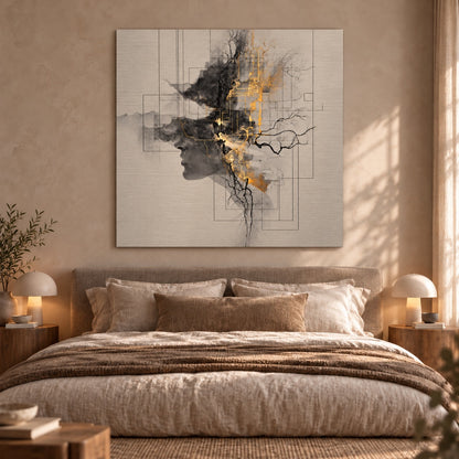 Aluminium print of an abstract silhouette profile with gold circuit-line details displayed above a bed in a bedroom