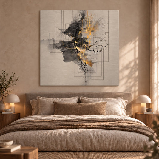 Aluminium print of an abstract silhouette profile with gold circuit-line details displayed above a bed in a bedroom